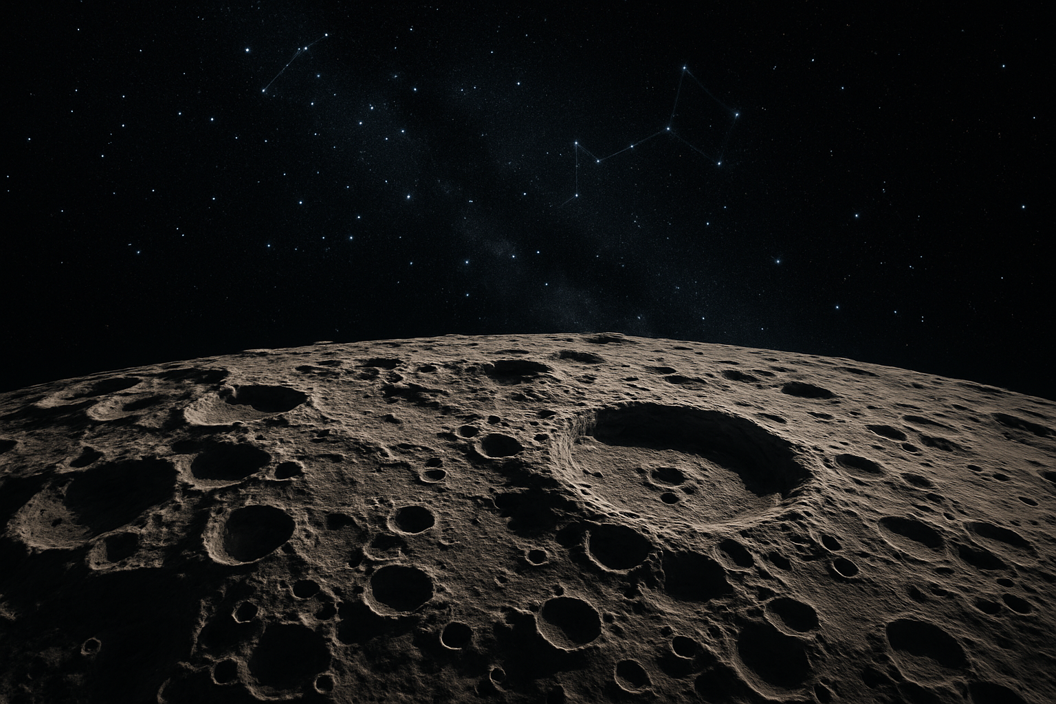Photorealistic image of the moon’s surface with highly detailed craters and textures. In the background, a deep black starry sky filled with visible constellations, twinkling stars, and a sense of cosmic depth. Beautiful, dramatic, and ultra-realistic lighting with shadows on the moon’s surface, 4K resolution, as if captured by a professional space photographer, highly detailed, no cartoon or illustration elements.